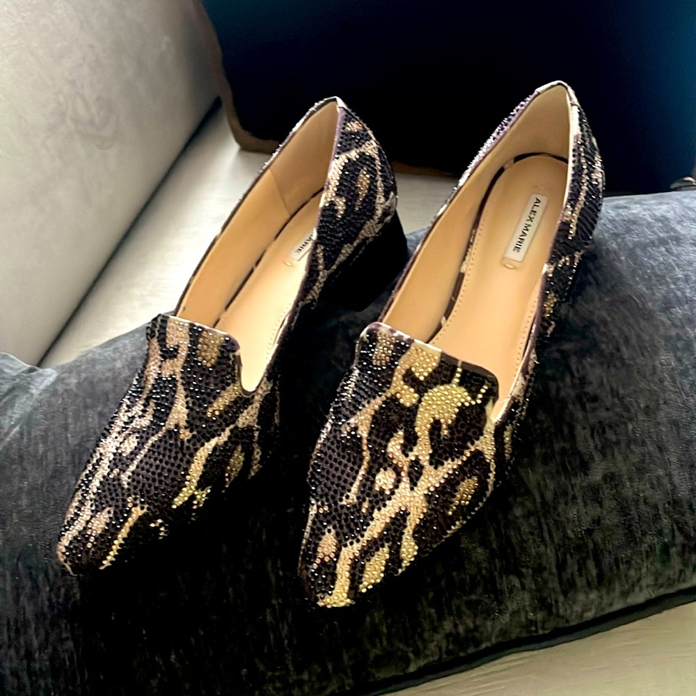 Alex Marie Rhinestone Leopard Print Heeled Loafers 7.5